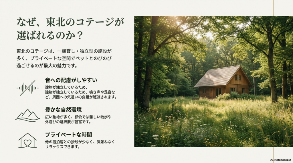 音への配慮、豊かな自然、プライベートな時間の3つのメリットを解説するスライド。