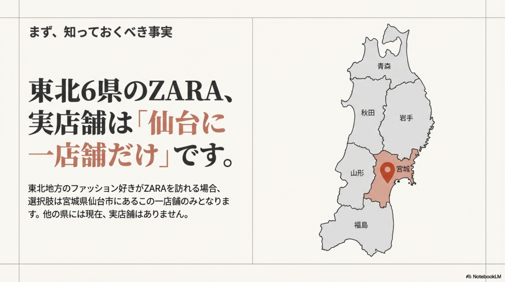 東北6県のうち、ZARAの実店舗は宮城県仙台市の1店舗のみであることを示す地図と解説。山形、青森、秋田、岩手、福島には店舗がないことを説明。