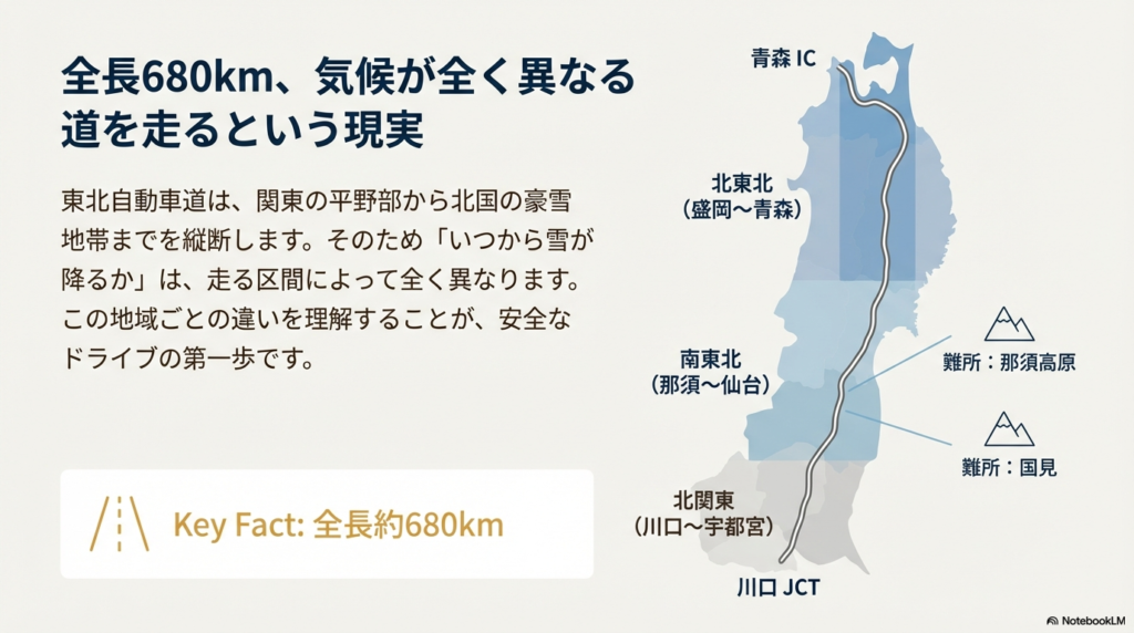 東北自動車道680kmの地図。北関東・南東北・北東北の区分と、那須高原・国見などの雪の難所を示した図。