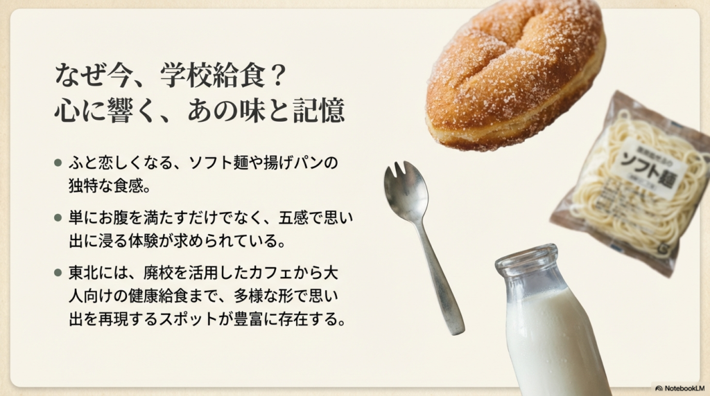 学校給食が今注目される理由として、ソフト麺や揚げパンの食感、五感で思い出に浸る体験、廃校カフェなどの多様なスポットが東北に豊富であることを説明するスライド。