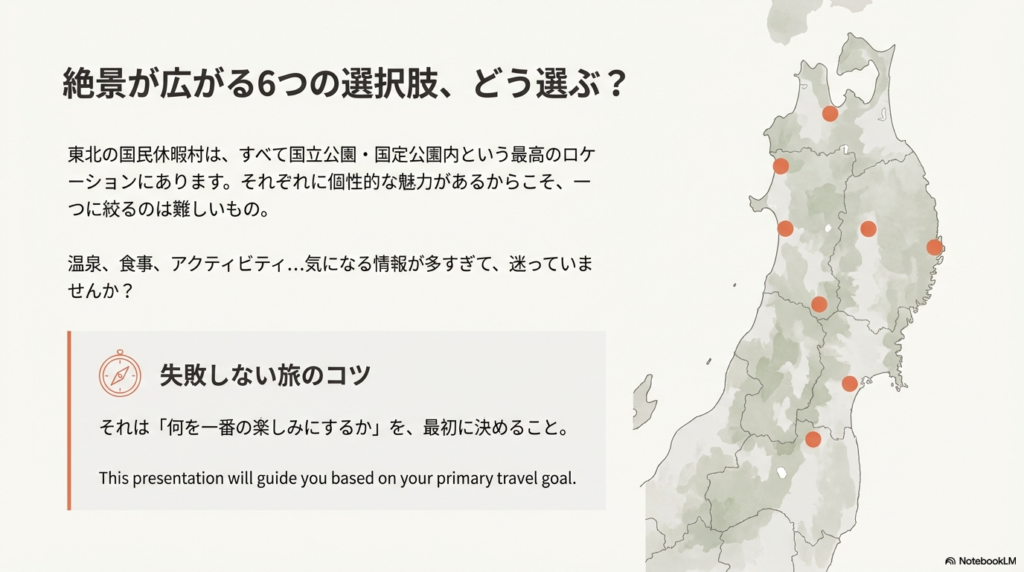 東北6カ所の休暇村の場所を示す地図と、「美食」「名湯」「自然アクティビティ」という3つの旅のスタイルを提案するスライド。