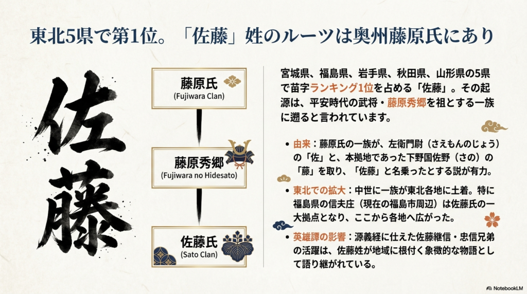 「佐藤」という力強い筆文字とともに、藤原氏から藤原秀郷、そして佐藤氏へと繋がる家系の流れと、左衛門尉の「左」と佐野の「藤」を組み合わせたという由来を解説するスライド。