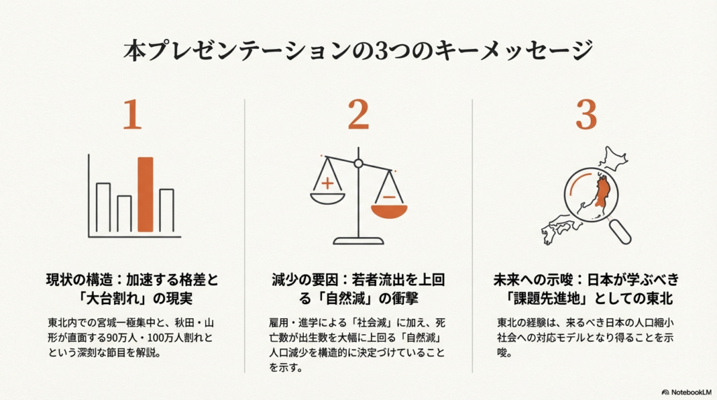 現状の構造(宮城一極集中と大台割れ)、2. 減少の要因(自然減の衝撃)、3. 未来への示唆(課題先進地としての東北)を記したスライド。