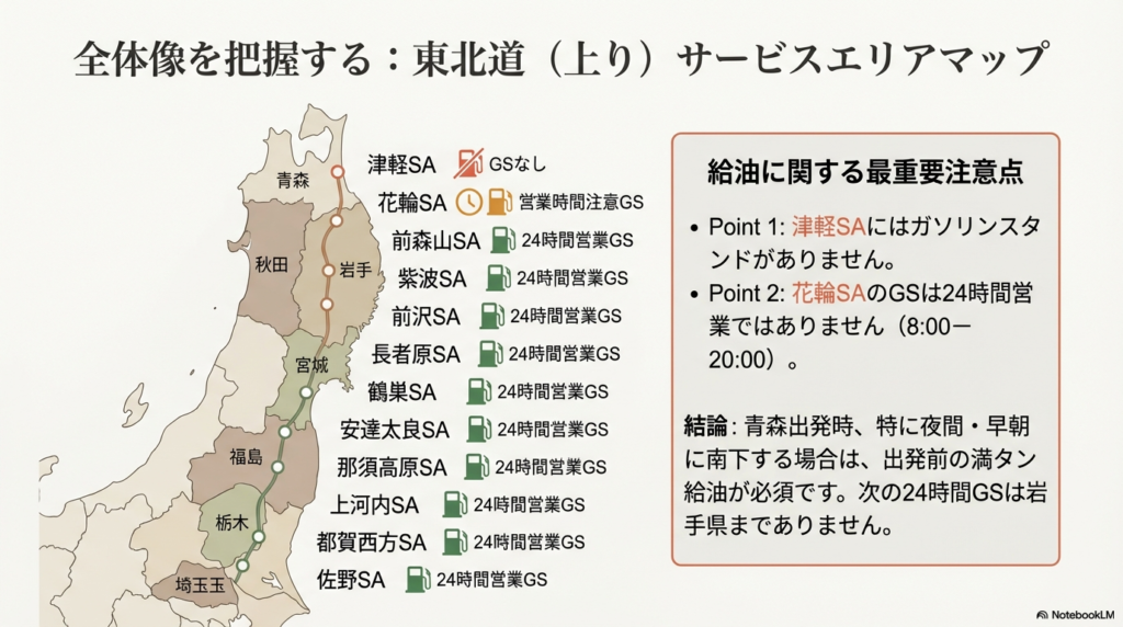 青森から埼玉までの東北自動車道サービスエリアの位置関係を示した地図。各SAのガソリンスタンド有無と24時間営業かどうかがアイコンで記載されている。