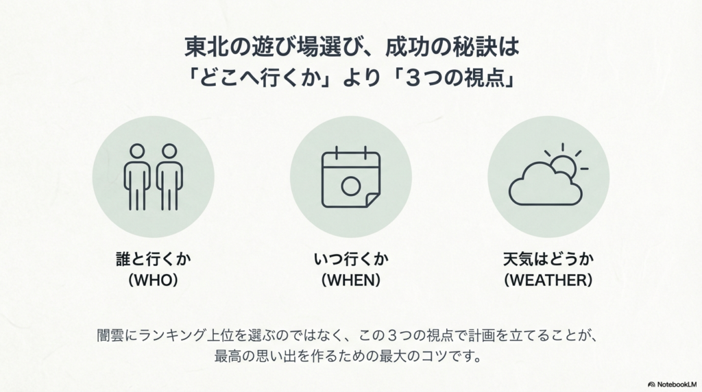 カレンダーと太陽のアイコンと共に、遊び場選びの成功の秘訣として「誰と行くか（WHO）」「いつ行くか（WHEN）」「天気はどうか（WEATHER）」の3つの視点を紹介するスライド。