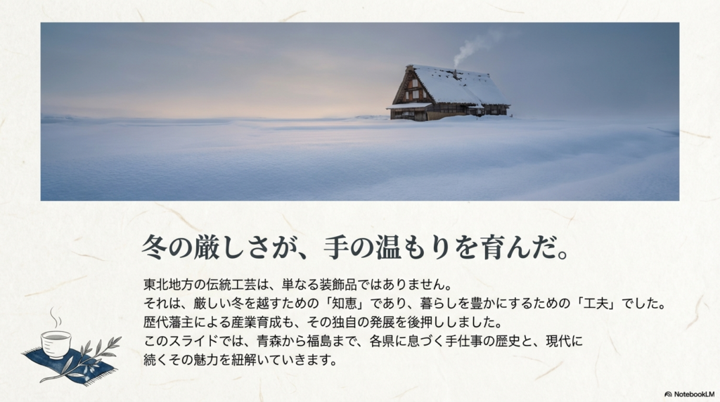 東北の工芸が厳しい冬を越すための知恵や工夫から生まれ、藩主による産業育成で発展したことを説明するスライド。