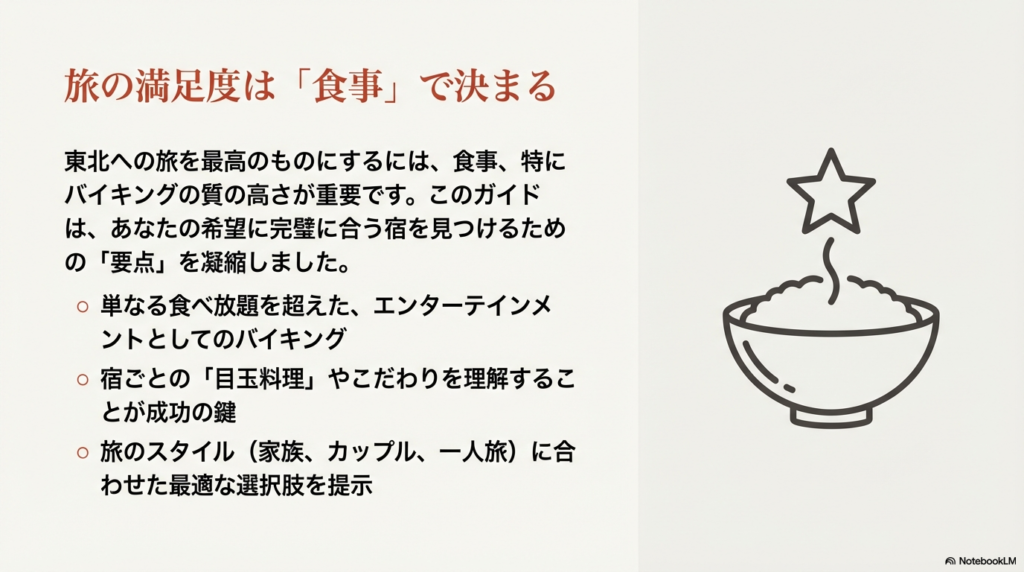 旅の満足度は食事で決まること、そしてこのガイドが旅のスタイルに合わせた選択肢を提示することを説明するスライド。