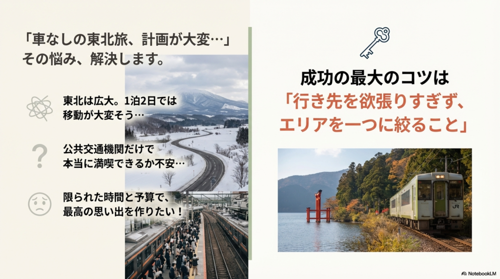 湖畔を走るJRの列車と鳥居の写真。「車なしの東北旅、計画が大変…その悩み、解決します」というメッセージと、成功のコツとしてエリアを絞ることを提案するスライド。