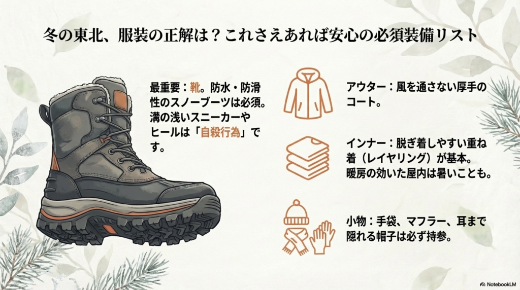 滑り止め付きのスノーブーツや脱ぎ着しやすい重ね着（レイヤリング）など、冬の東北旅行を快適に過ごすために必須の服装と持ち物リスト。