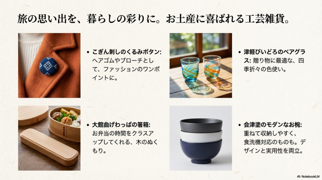 こぎん刺しのくるみボタン、津軽びいどろのグラス、大館曲げわっぱの箸箱、モダンな会津塗のお椀の写真と、お土産に選ぶポイントをまとめたスライド。