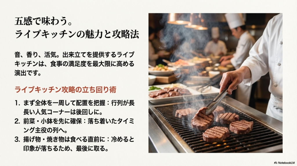 配置の把握、前菜の確保、揚げ物・焼き物を最後に取るタイミングなど、効率的な回り方を解説したスライド。