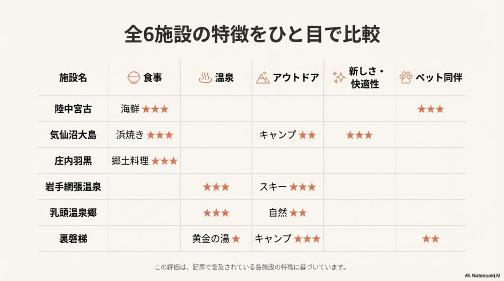 陸中宮古、気仙沼大島、庄内羽黒、岩手網張温泉、乳頭温泉郷、裏磐梯の6施設について、食事・温泉・アウトドア・新しさ等の特徴を星評価でまとめた比較表。