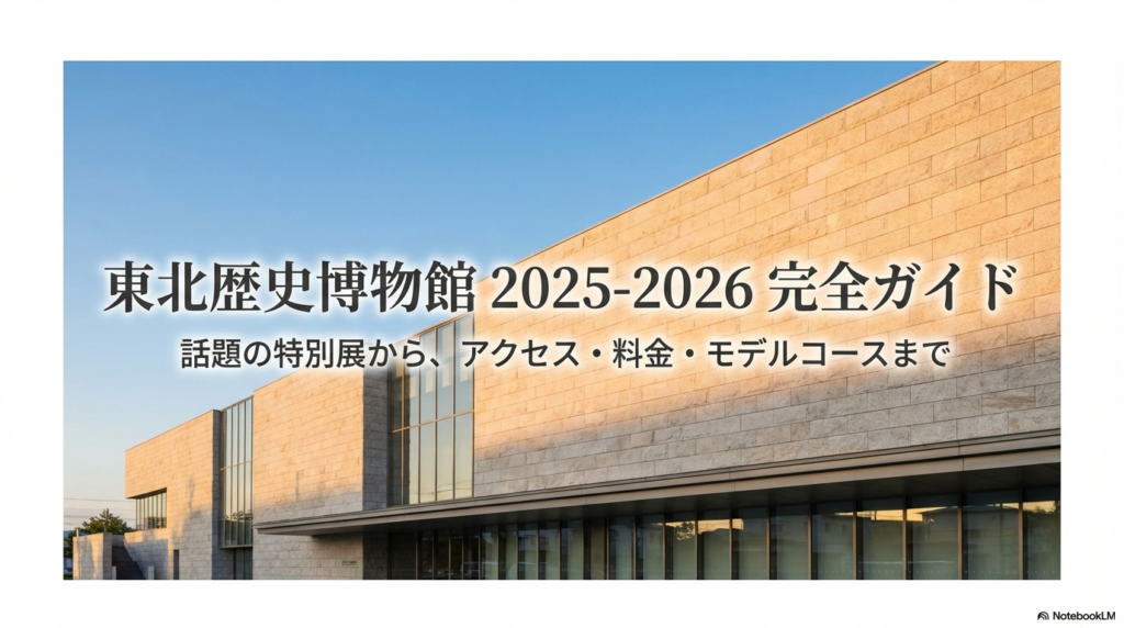 東北歴史博物館で開催予定の「世界遺産 縄文展」の火焔型土器と、「さくらももこ展」のちびまる子ちゃんイラストが描かれた案内スライド。