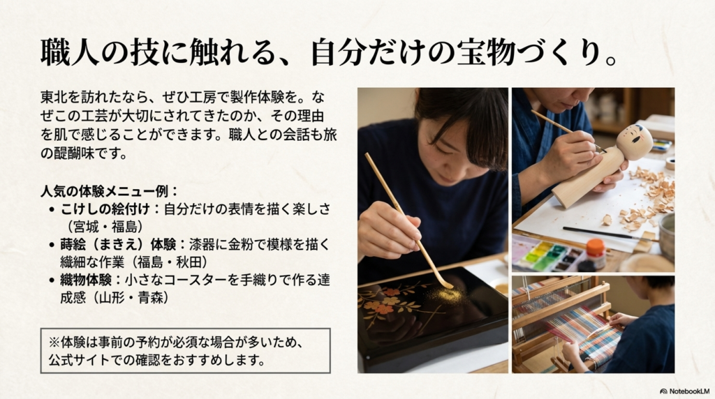 漆塗り、こけしの絵付け、機織りなどの製作風景の写真とともに、人気の体験メニューを紹介するスライド。