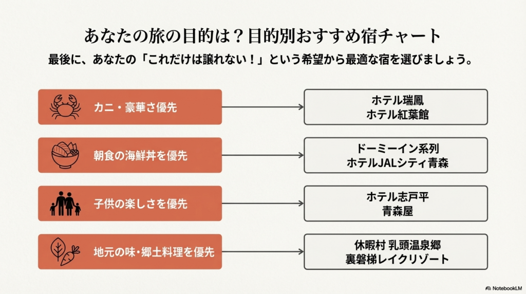 カニ、朝食、子供、地元の味といった優先順位に合わせて最適な宿を提案するチャートスライド。