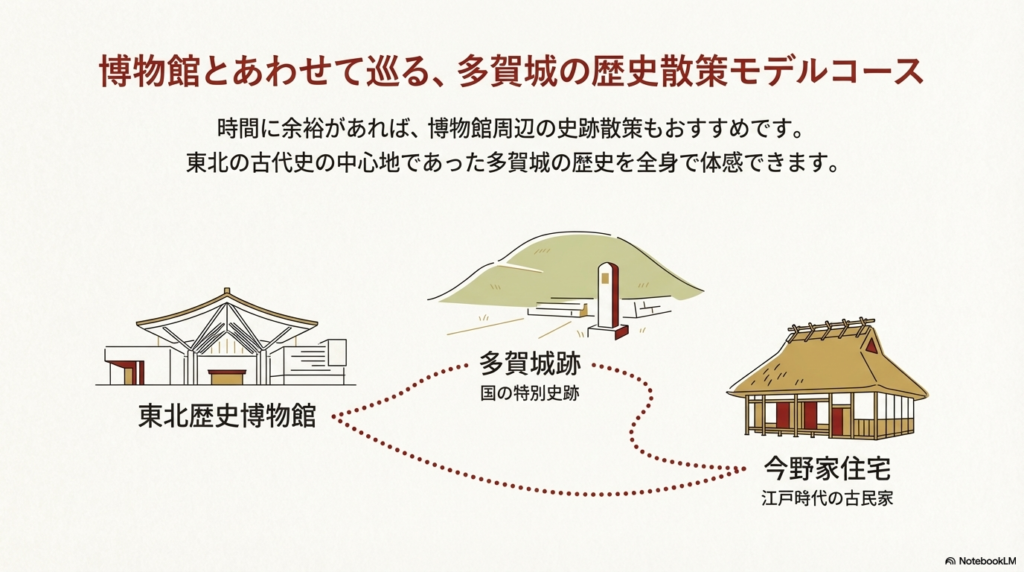 博物館から徒歩圏内にある特別史跡「多賀城跡」や「今野家住宅」を巡る散策モデルコースの地図。