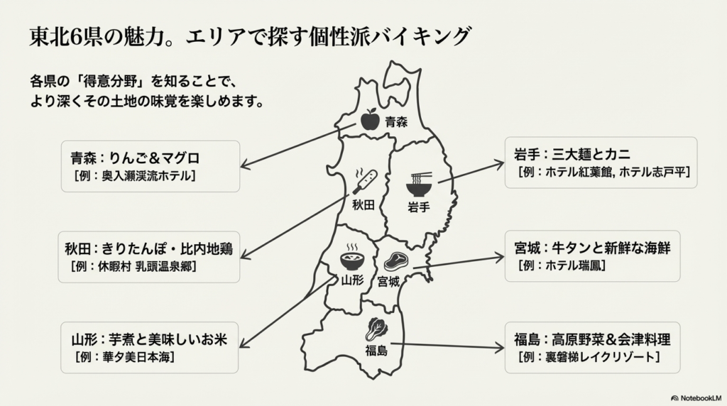 青森のりんご、岩手のカニ、宮城の牛タンなど、各県の得意分野と代表的な宿を地図で示したスライド。
