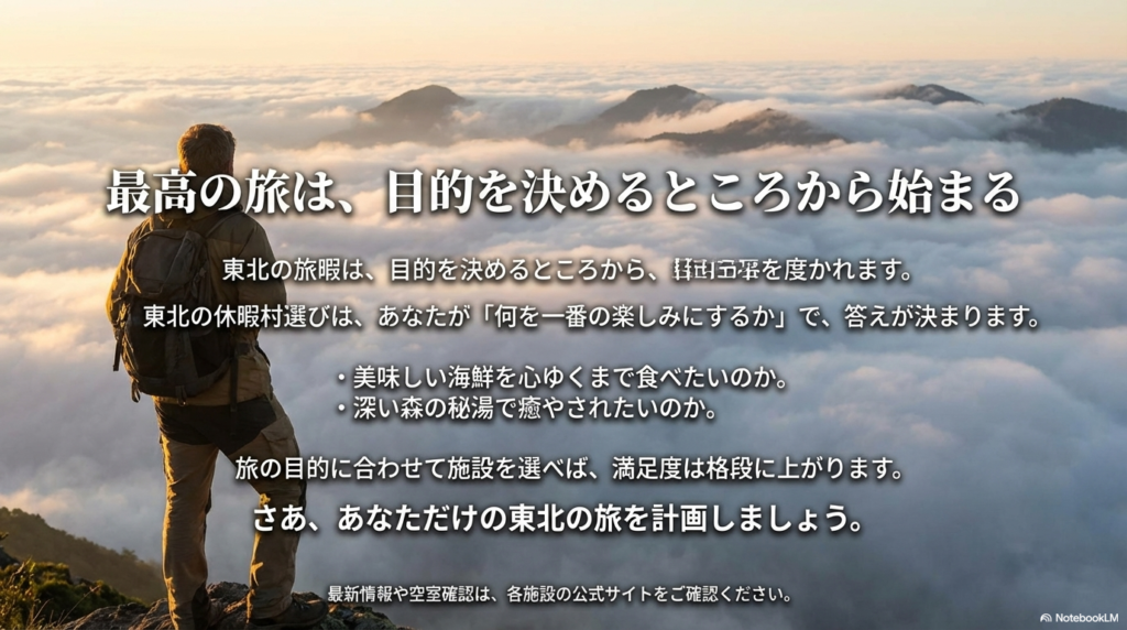 「何を一番の楽しみにするか」で施設を選ぶことを推奨し、公式サイトでの最新情報確認を促すまとめのスライド。