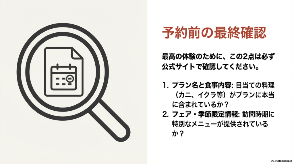 目当ての料理がプランに含まれているか、季節限定フェアがあるかを公式サイトで確認することを促すスライド。