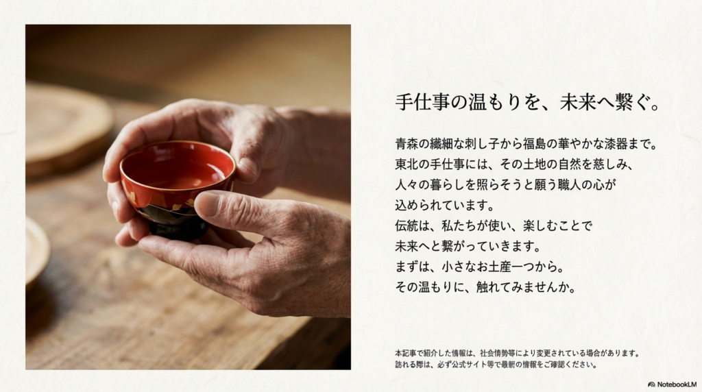 漆器の器を両手で大切に持つ写真とともに、手仕事の温もりを未来へ繋いでいくメッセージが添えられた結びのスライド。