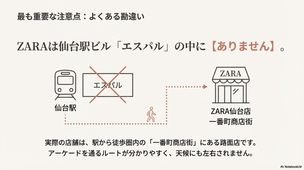 ZARA仙台店は仙台駅ビル「エスパル」内ではなく、駅から徒歩圏内の一番町商店街にある路面店であることを示すイラスト図解。