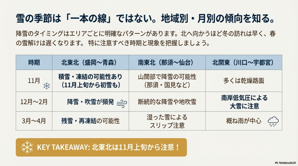 11月から4月までの北東北・南東北・北関東の雪の状況をまとめた表。北東北は11月上旬から注意が必要であることを強調。