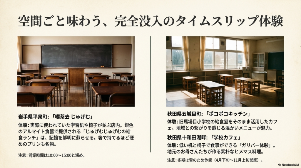 岩手県平泉町「喫茶去じゅげむ」、秋田県五城目町「ポコポコキッチン」、秋田県十和田湖畔「学校カフェ」の3店舗の体験内容と注意点をまとめたスライド。