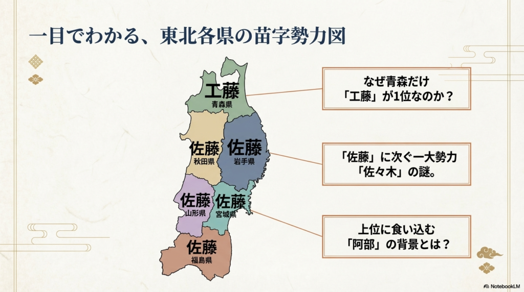 東北地方の地図上で、青森県は「工藤」、それ以外の5県（秋田・岩手・山形・宮城・福島）は「佐藤」が1位であることを色分けで示した勢力図。