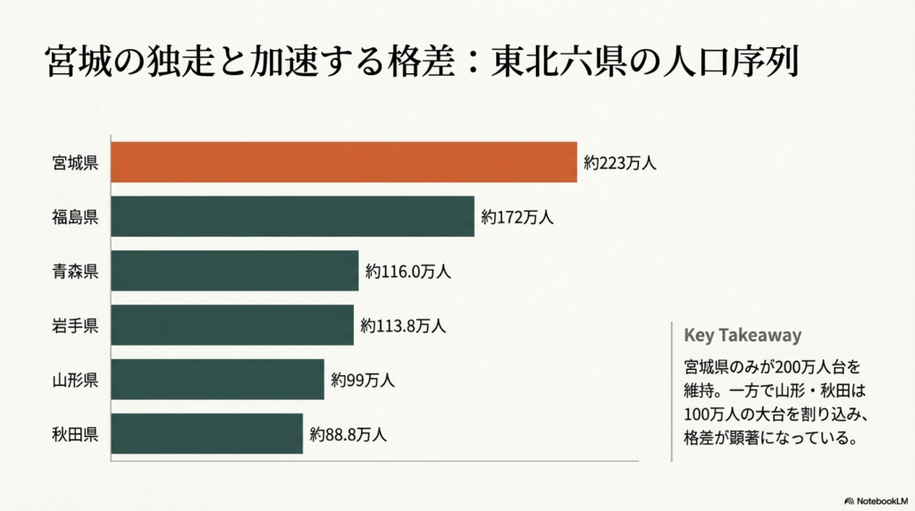 宮城県(約223万人)が独走し、秋田県(約88.8万人)が最も少ないことを示す、東北六県の人口規模を比較した棒グラフ。
