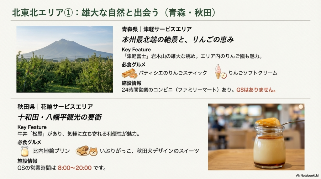 津軽SAから見える岩木山の雄大な景色と、りんごスティック、比内地鶏プリンなどのご当地グルメの写真。