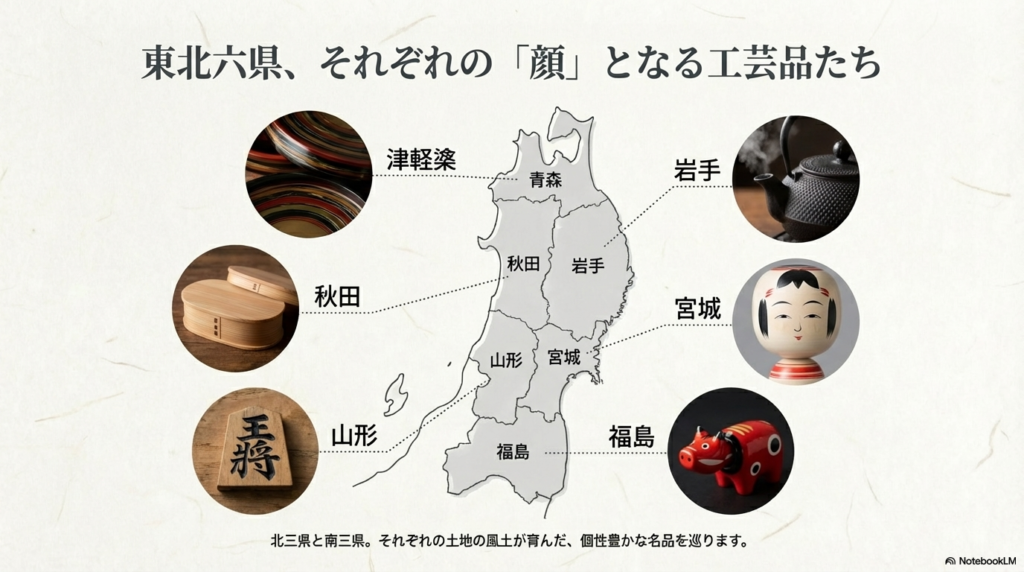 東北地方の地図とともに、津軽塗（青森）、南部鉄器（岩手）、曲げわっぱ（秋田）、将棋駒（山形）、こけし（宮城）、赤べこ（福島）の写真が配置されたマップスライド。