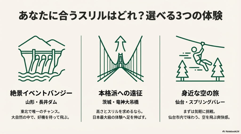 ダム（長井ダム）、吊橋（竜神大吊橋）、ジップライン（スプリングバレー）の3つの選択肢をアイコンで分かりやすく示したスライド。