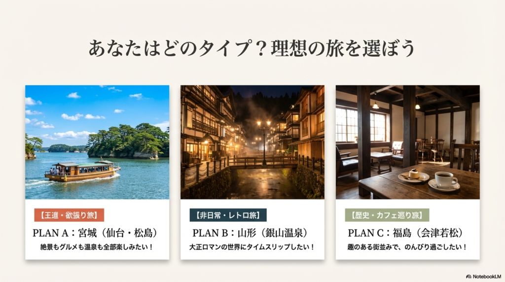 宮城（王道）、山形（レトロ）、福島（歴史・カフェ）の3つのプランを写真付きで比較した選択チャート。