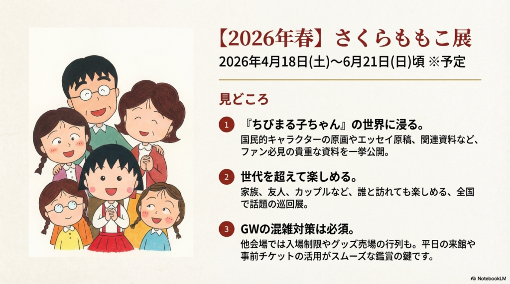 2026年4月から開催予定のさくらももこ展の概要。ちびまる子ちゃんの家族イラストとともに、GWの混雑対策や平日来館の推奨について記載。