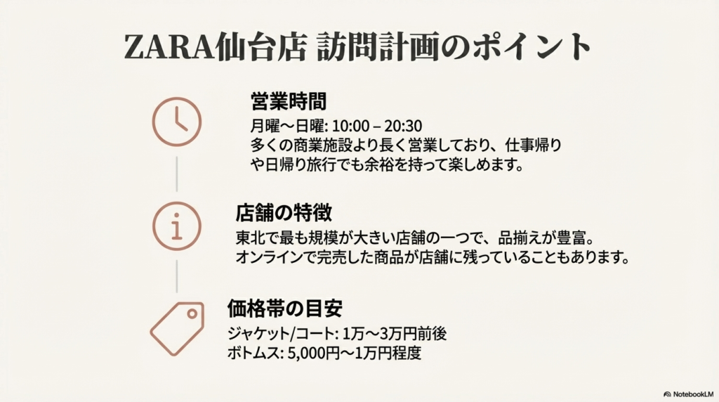 ZARA仙台店の営業時間が10:00から20:30であること、東北最大級の品揃えであること、価格帯の目安（ジャケット1〜3万円、ボトムス5千円〜1万円）をまとめたスライド。