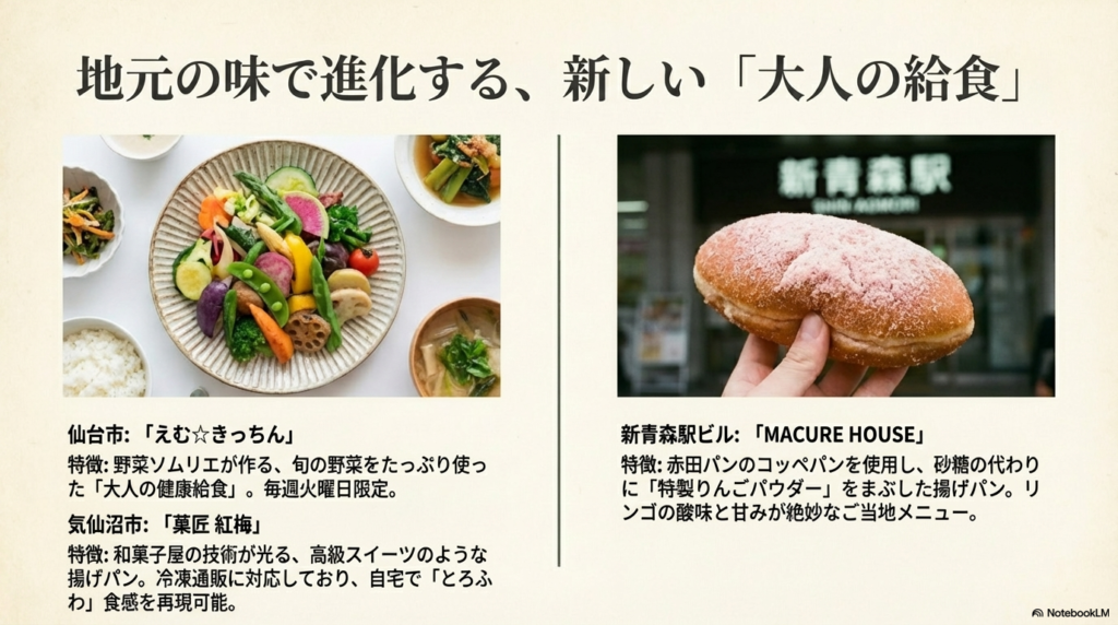 仙台市「えむ☆きっちん」の健康給食、気仙沼市「菓匠 紅梅」の高級揚げパン、新青森駅「MACURE HOUSE」のリンゴパウダー揚げパンを紹介するスライド。