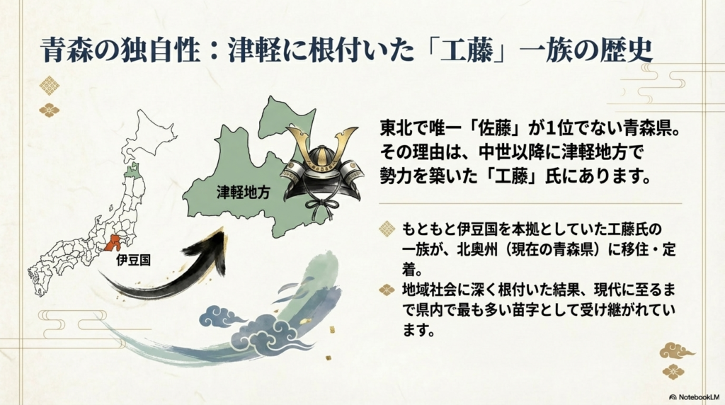 伊豆国を本拠としていた工藤氏が北奥州（現在の青森県）へ移住し、津軽地方で勢力を築いたプロセスを矢印と地図で示したスライド。
