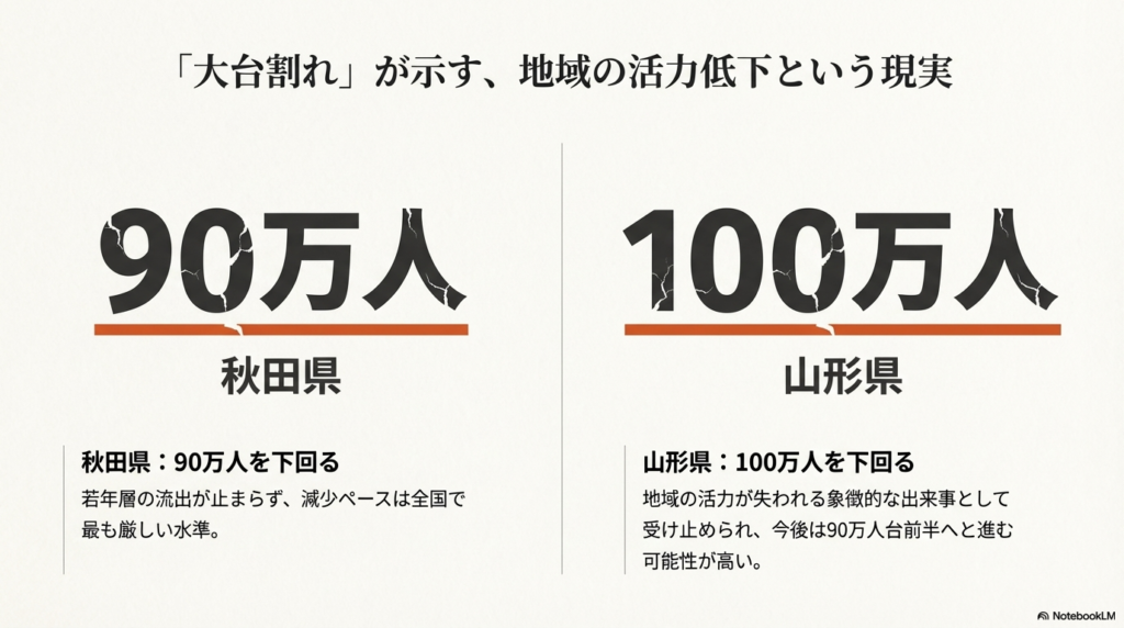 秋田県が90万人を下回り、山形県が100万人を下回ったことを強調し、地域の活力低下を示すグラフィック。