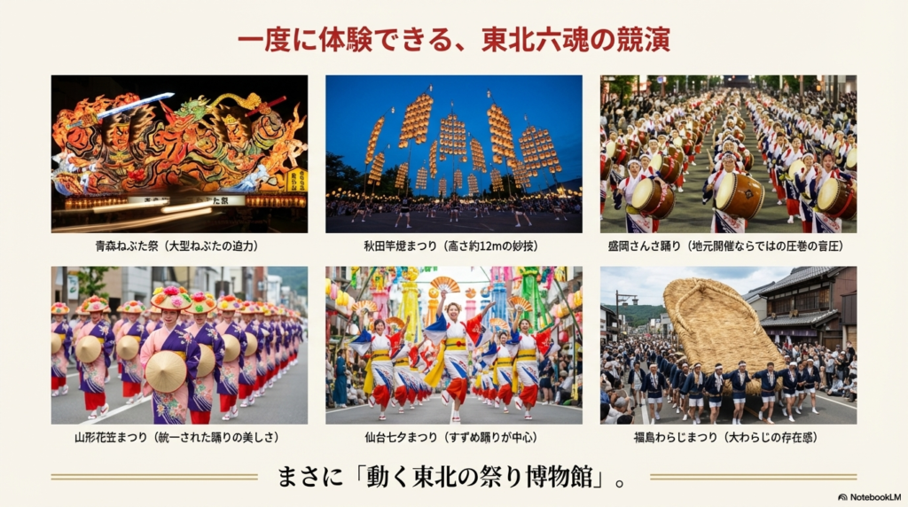 青森ねぶた、秋田竿燈、盛岡さんさ、山形花笠、仙台七夕、福島わらじの各祭りの様子