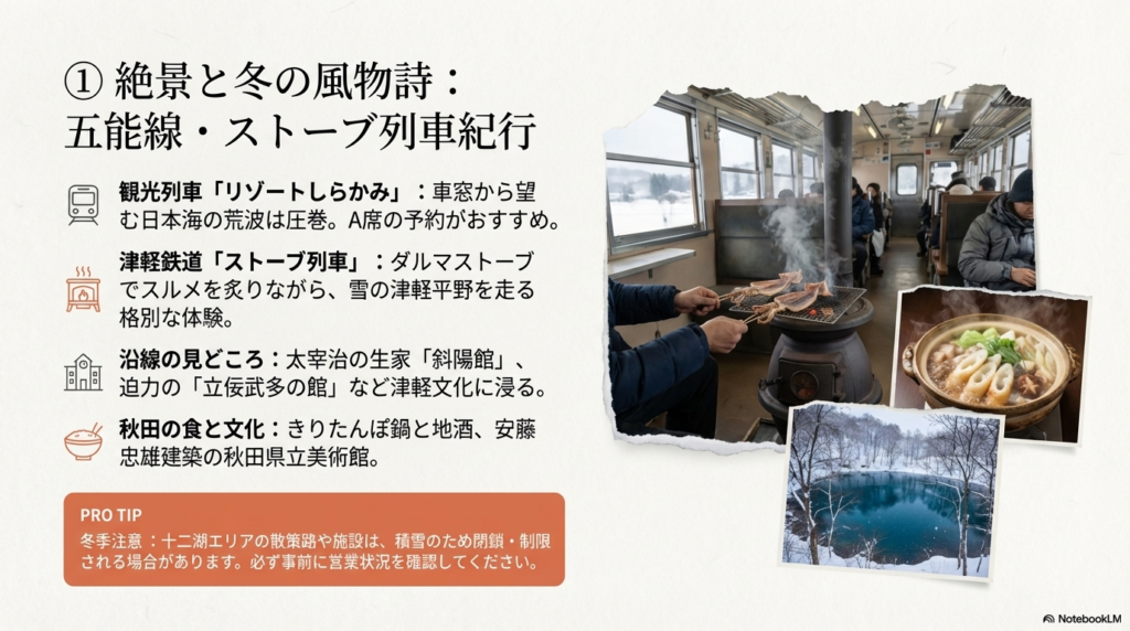 秋田発の観光列車「リゾートしらかみ」で日本海の絶景を眺め、津軽鉄道のストーブ列車に乗り継ぐ、冬の五能線満喫ルートのハイライトと観光スポット。
