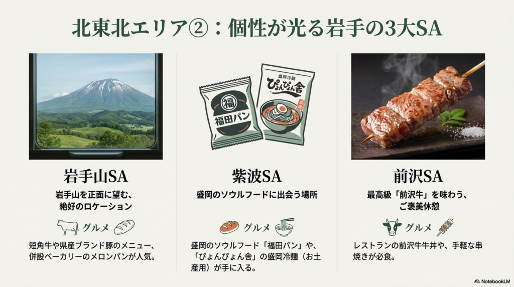 岩手山を望む車窓の風景と、盛岡名物福田パン、盛岡冷麺、前沢牛の串焼きの写真。