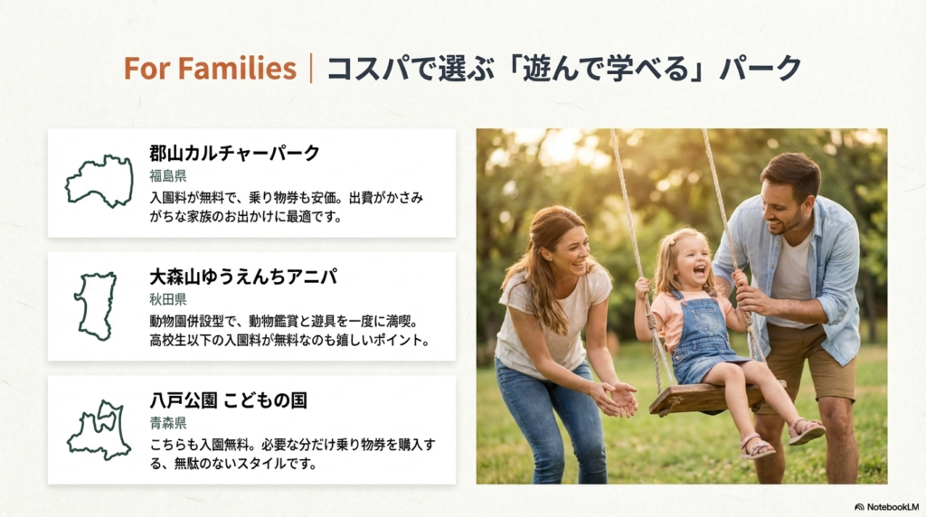 ブランコで遊ぶ家族の写真とともに、郡山カルチャーパーク（福島）、大森山ゆうえんちアニパ（秋田）、八戸公園こどもの国（青森）の入園料やコスパの良さを紹介するスライド。