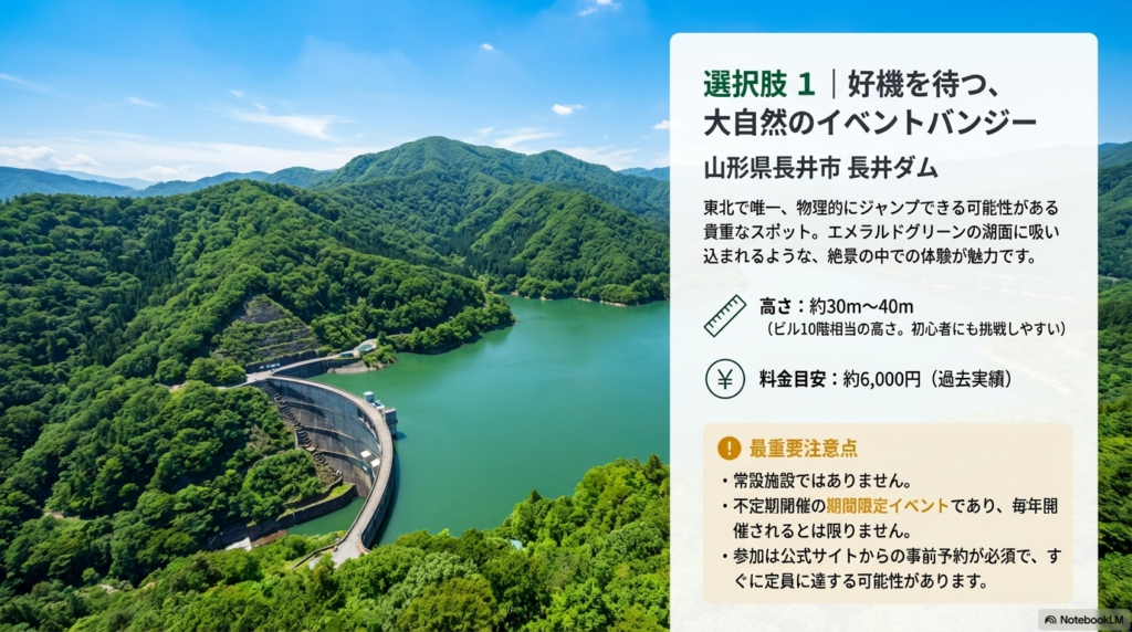 山形県長井ダムでの期間限定イベントバンジーの紹介。高さ約30m〜40m、料金目安約6,000円、事前予約必須などの注意点が記載されたスライド。