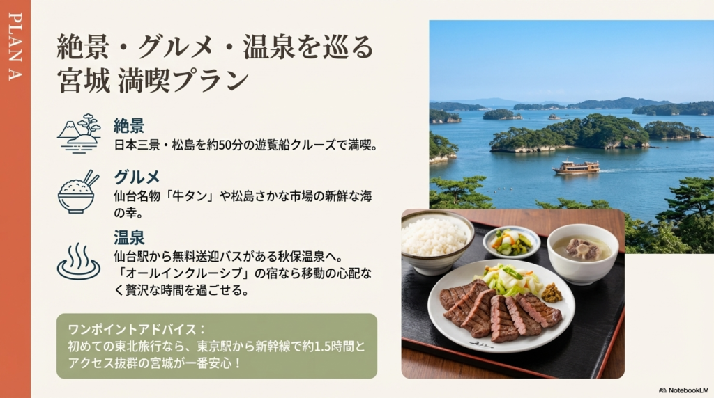 宮城プランのポイントまとめ。松島の遊覧船、仙台牛タン、秋保温泉のオールインクルーシブ宿の紹介とアクセスのアドバイス。