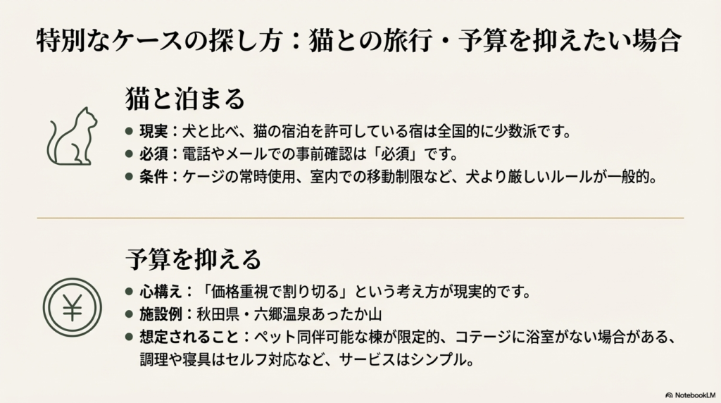 猫の宿泊が少数派である現実と、秋田県「六郷温泉あったか山」を例にした予算を抑える際の心構えをまとめたスライド。