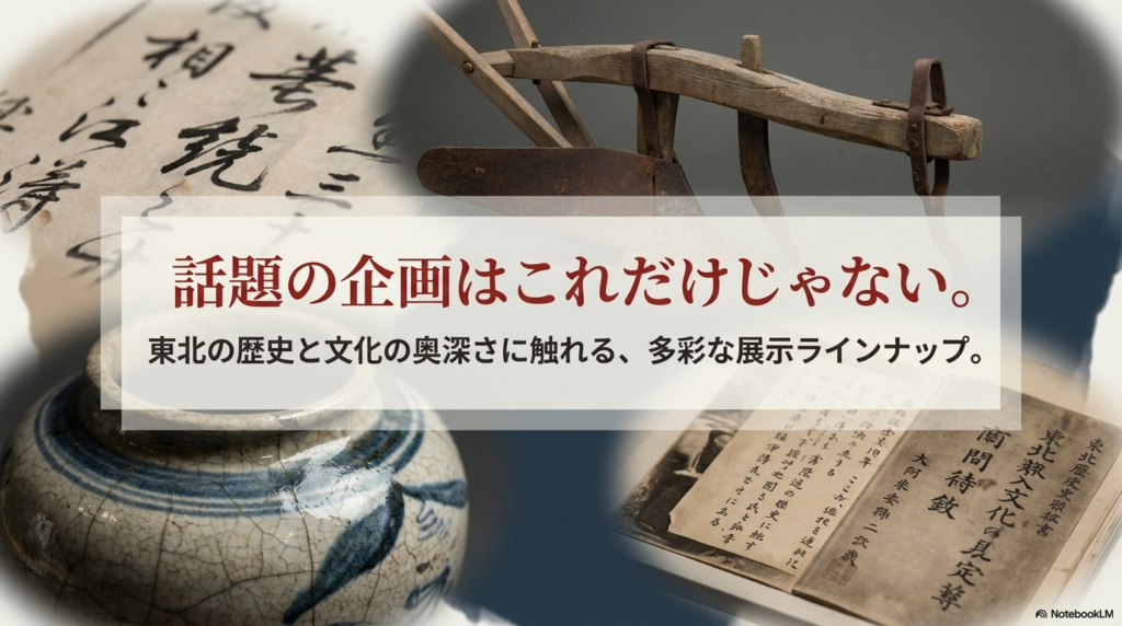 「多賀城の高級食器」「民俗資料を守るために」など、2025年から2026年にかけて開催されるテーマ展示の名称と会期一覧表。