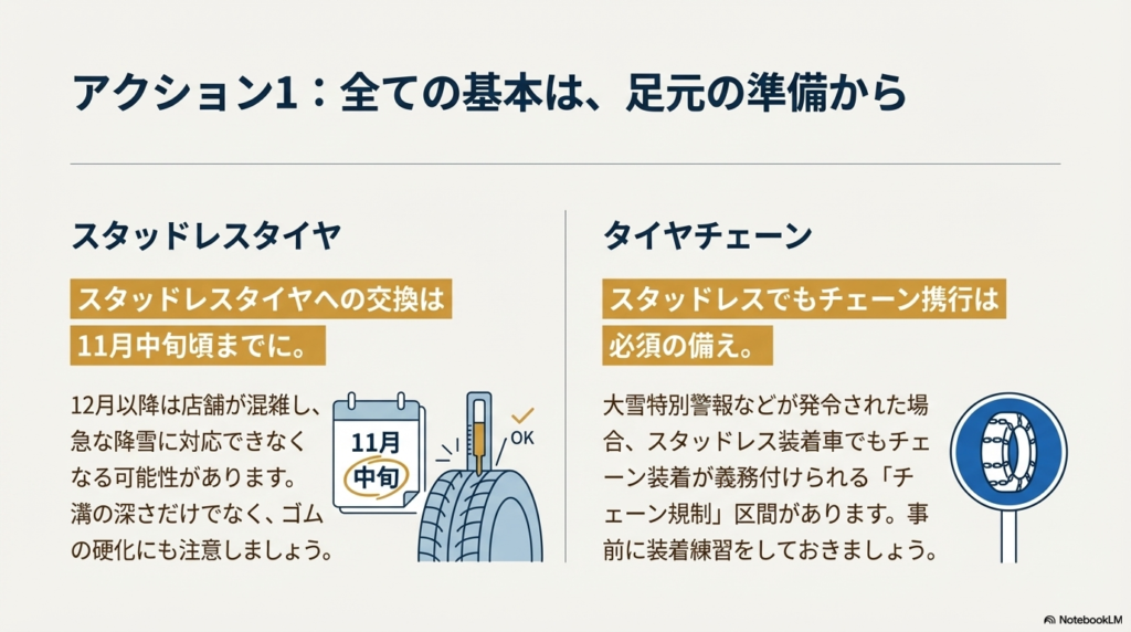 スタッドレスタイヤの交換目安（11月中旬）と、チェーン規制時に必要なチェーン携行・練習の重要性を説明するスライド。