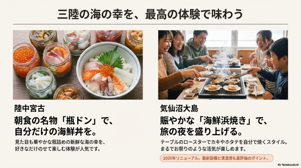 陸中宮古の名物「瓶ドン」、気仙沼大島の「海鮮浜焼き」、そして庄内羽黒の庄内豚など地産地消の料理が並ぶ様子。