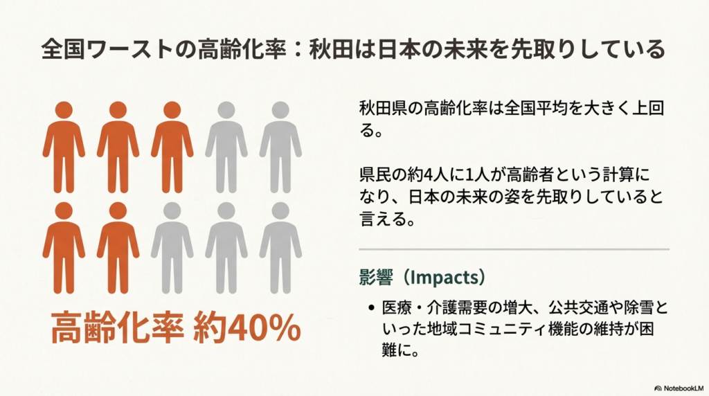 秋田県の高齢化率が約40%に達し、全国平均を大きく上回っていることと、医療・介護・コミュニティ維持への影響を記したスライド。