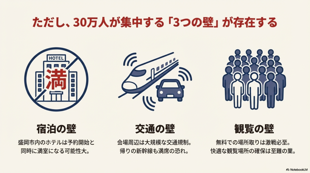 東北絆まつりで発生する宿泊の壁、交通の壁、観覧の壁という3つの課題イラスト